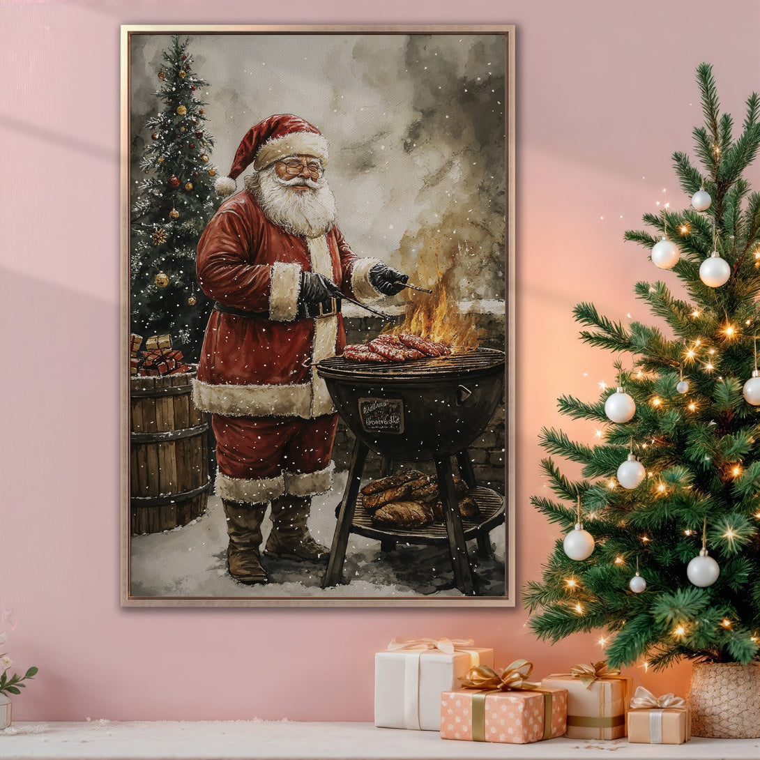 Framed Wall Art: Santa grilling on a watercolor-style canvas print, featuring a festive red and white color palette. Perfect Christmas decor!