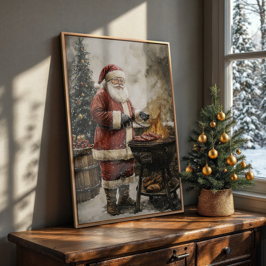 Framed Wall Art: Santa grilling in watercolor style, warm red and brown palette. Perfect Christmas decor for your home.