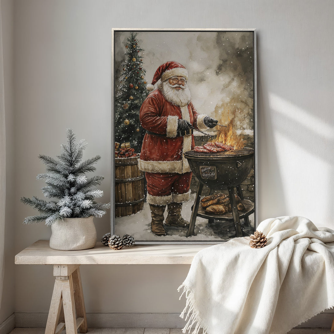 Framed Wall Art featuring Santa grilling, watercolor style, red and neutral tones. Festive Christmas decor for your home.