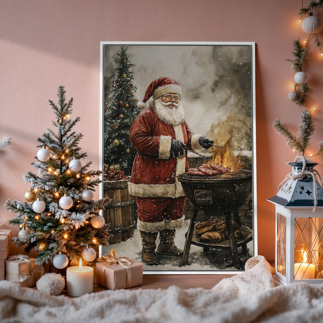 Framed Wall Art: Santa grilling in watercolor style, festive red & neutral tones. Perfect Christmas decor for your home! Shop now!