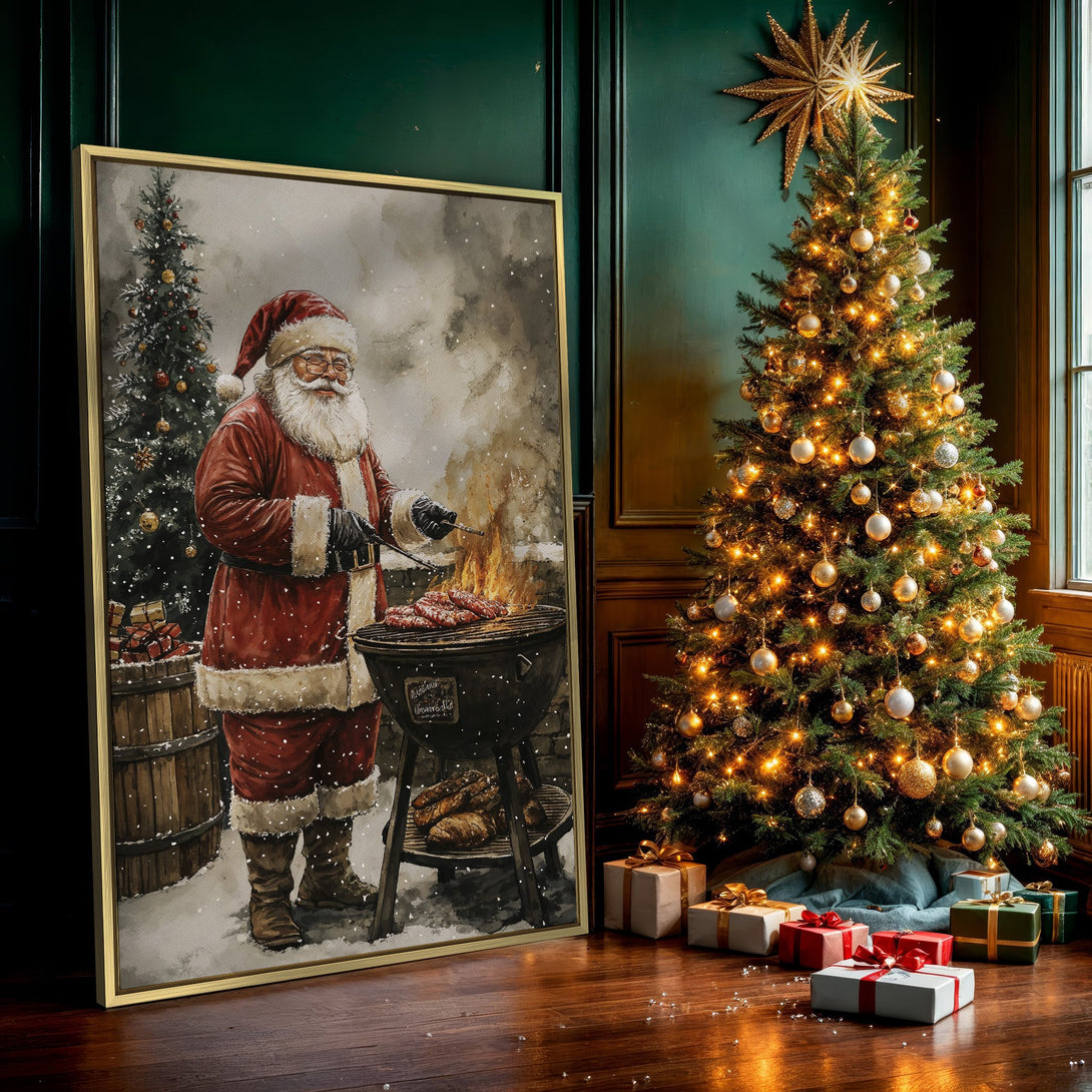 Canvas Print featuring Santa grilling, watercolor style, with a warm red and brown color palette, perfect for Christmas decor.