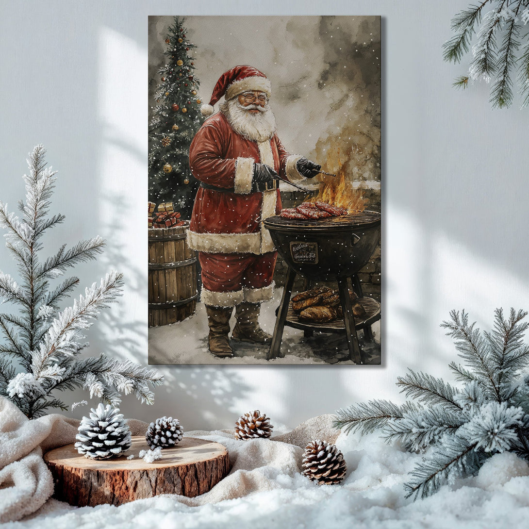 Framed Wall Art: Santa grilling in watercolor style, festive Christmas decor with red, gold, and green color palette. Perfect holiday gift!