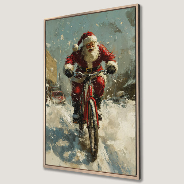 Framed Wall Art: Santa Claus on a bicycle in a snowy scene. Impressionistic style with a red, white, and blue color palette. Perfect Christmas decor!