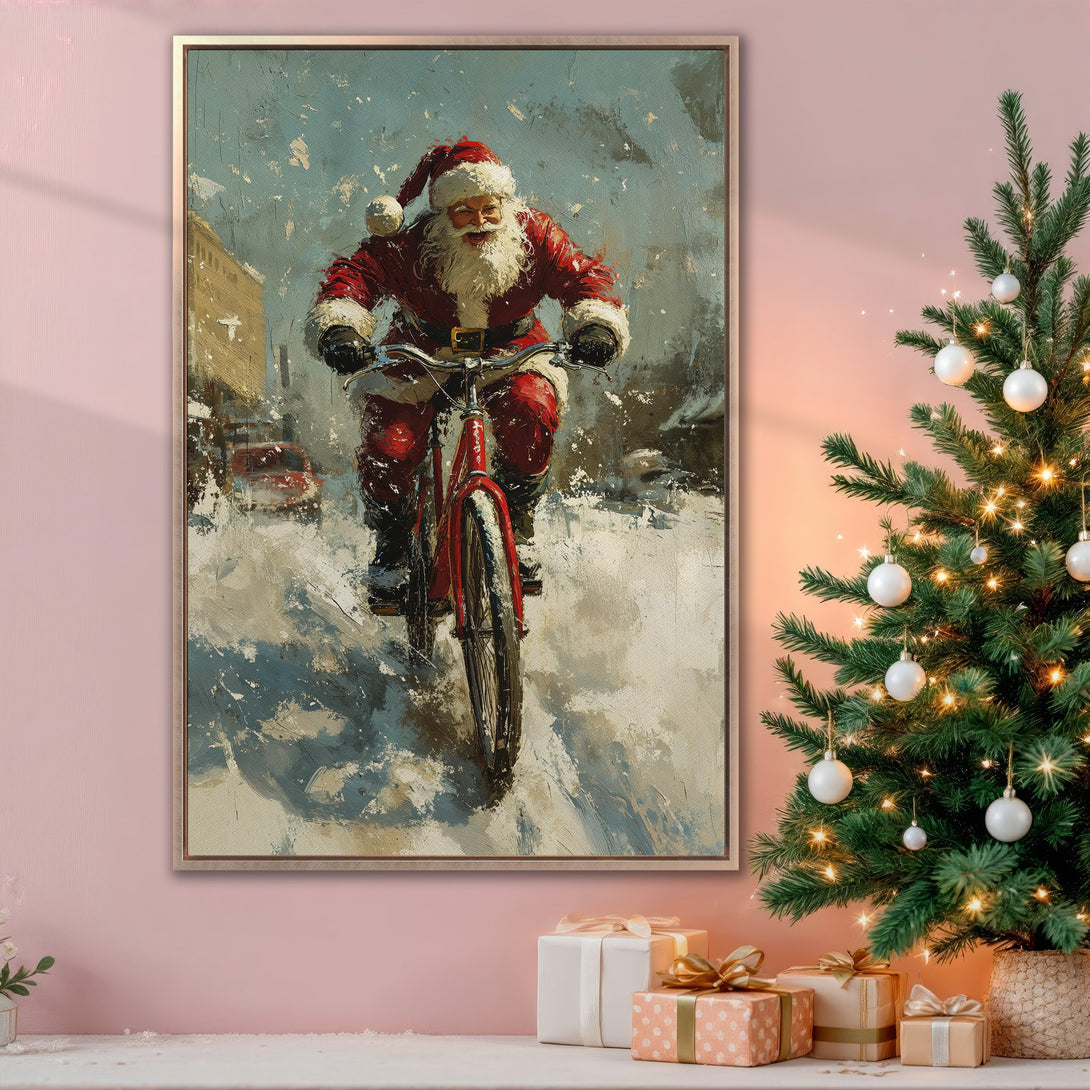 Framed Wall Art: Santa Claus on a bicycle in a winter scene. Impressionistic style with red, blue, and white color palette. Perfect Christmas decor.