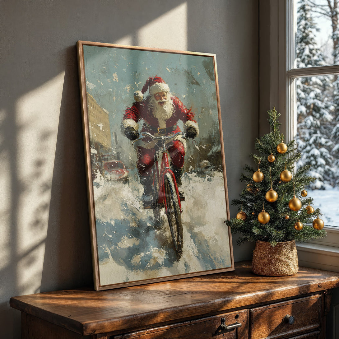 Framed Wall Art: Santa Claus on a bicycle in a snowy scene. Rustic, impressionistic style with red, white, and blue color palette. Perfect Christmas decor.