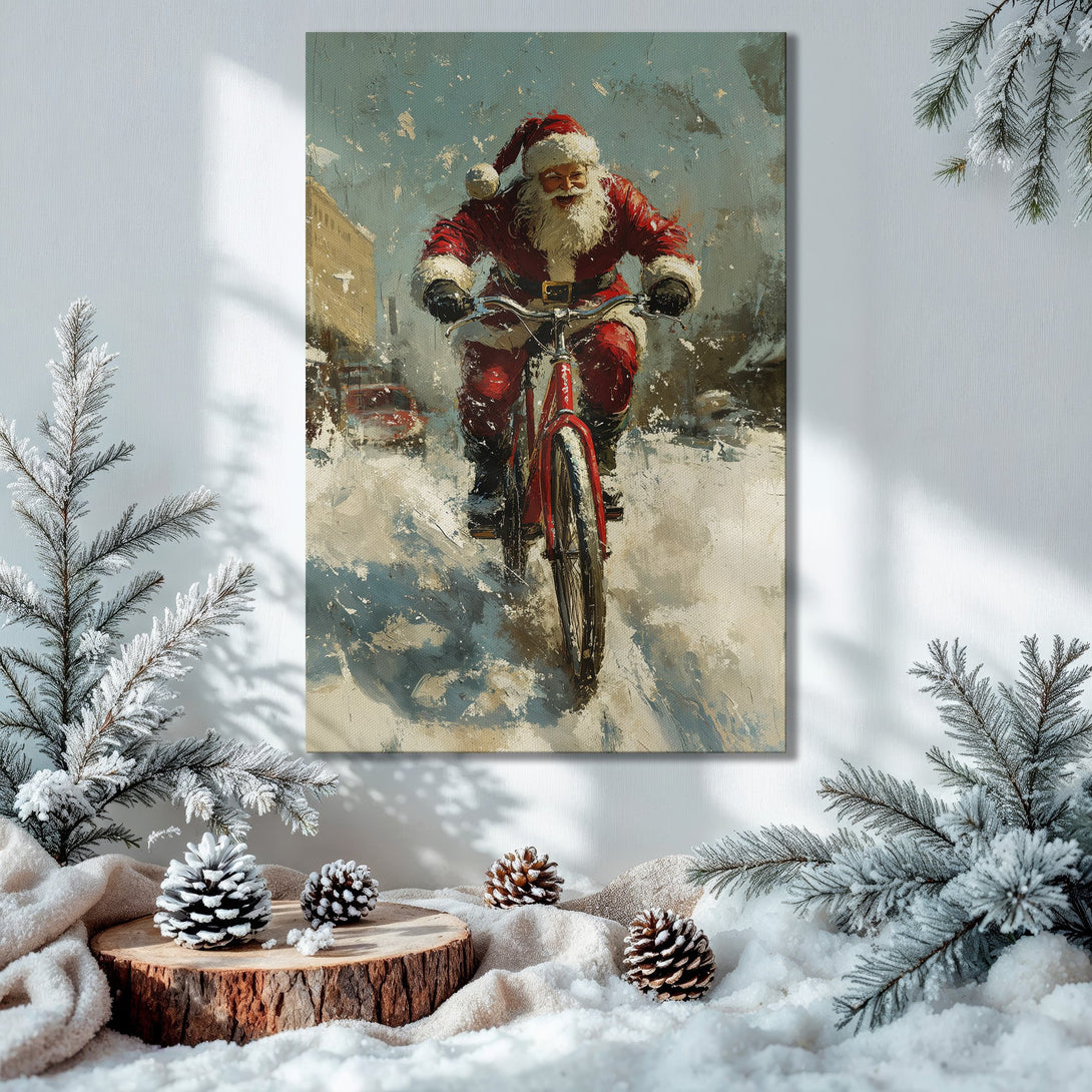 Framed Wall Art: Santa Claus on a bike in winter, impressionist style. Red, white, and blue color palette. Perfect Christmas decor.