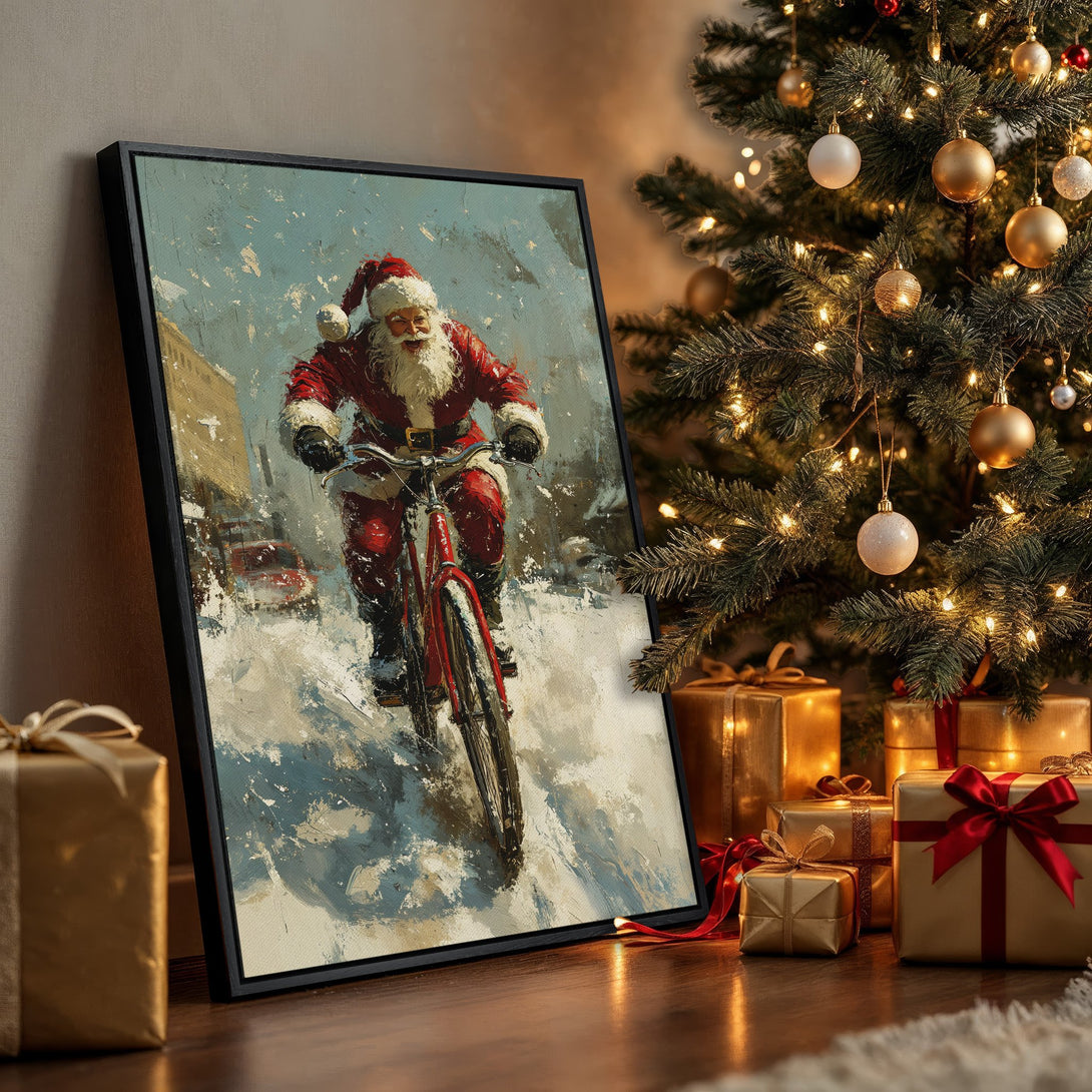 Framed Wall Art: Santa Claus on a bicycle in a snowy scene. Impressionistic style, red, blue, and white color palette. Perfect Christmas decor!