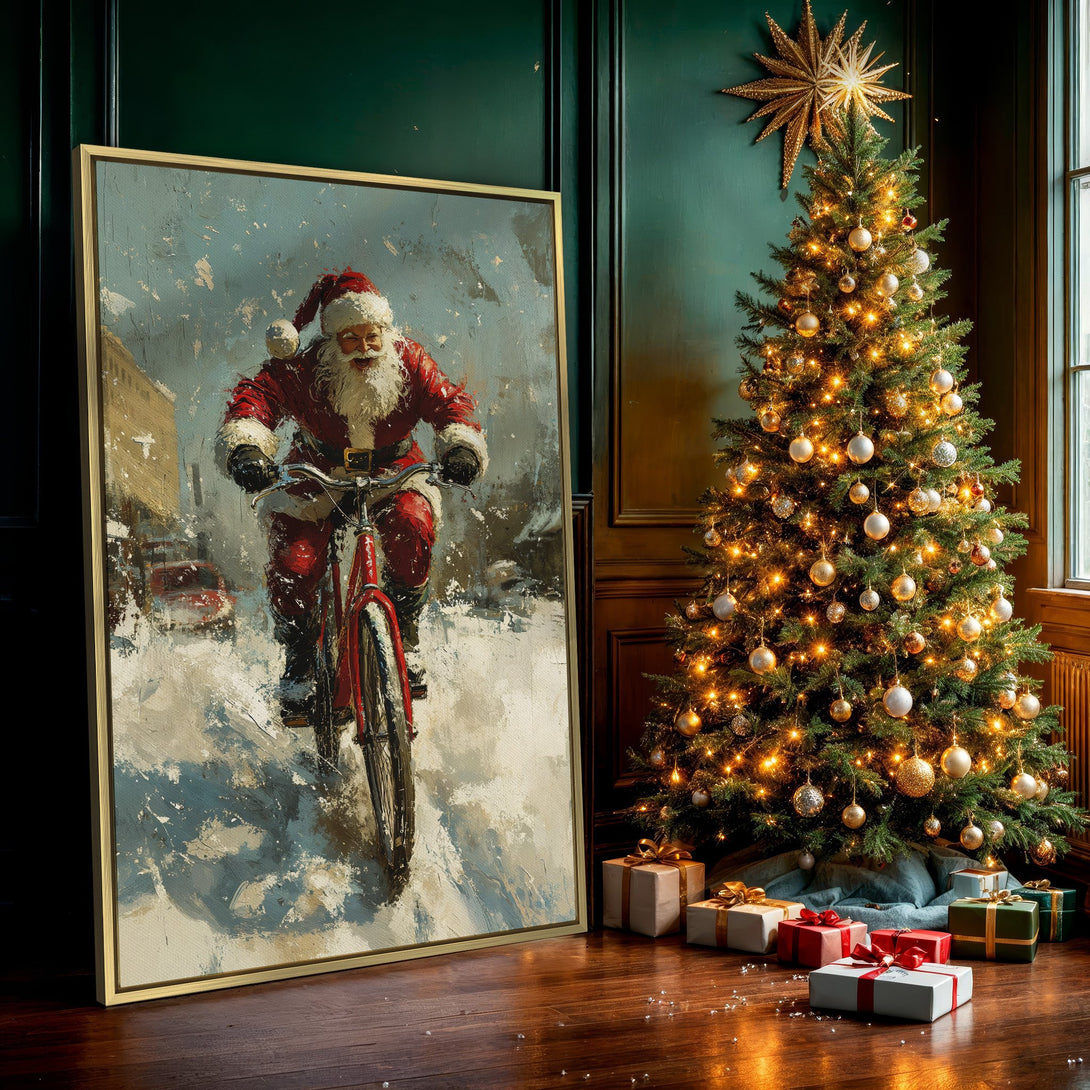 Canvas Print: Santa Claus on a bike in a snowy scene. Vintage style artwork with a red, white, and blue color palette. Perfect Christmas wall art!