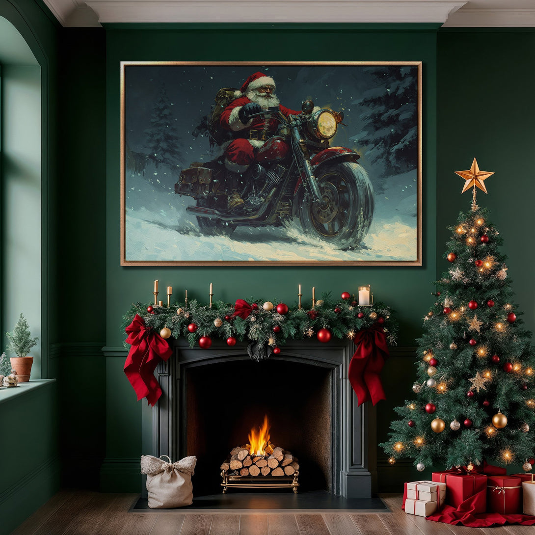 Framed Wall Art: Santa Claus on a motorcycle in a winter scene. Festive holiday decor with a green and red color palette. Perfect Christmas gift!