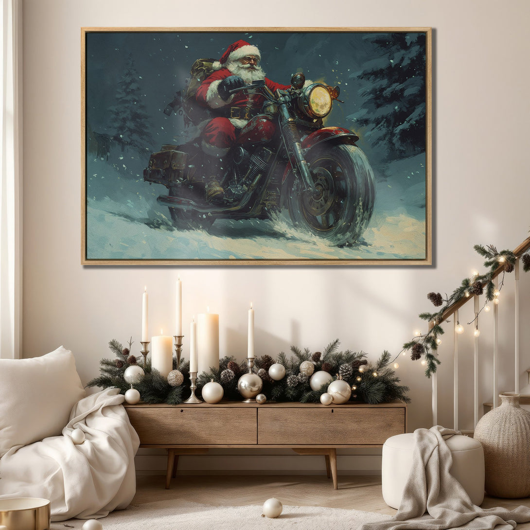 Framed Wall Art: Santa Claus on a motorcycle in a snowy scene. Rustic style, cool blue and red tones. Perfect Christmas decor for your home.