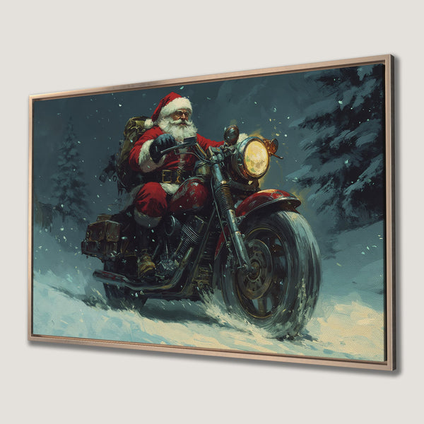 Framed Wall Art: Santa Claus on a motorcycle in a snowy scene. Bold red and blue color palette, artistic style. Perfect Christmas decor!