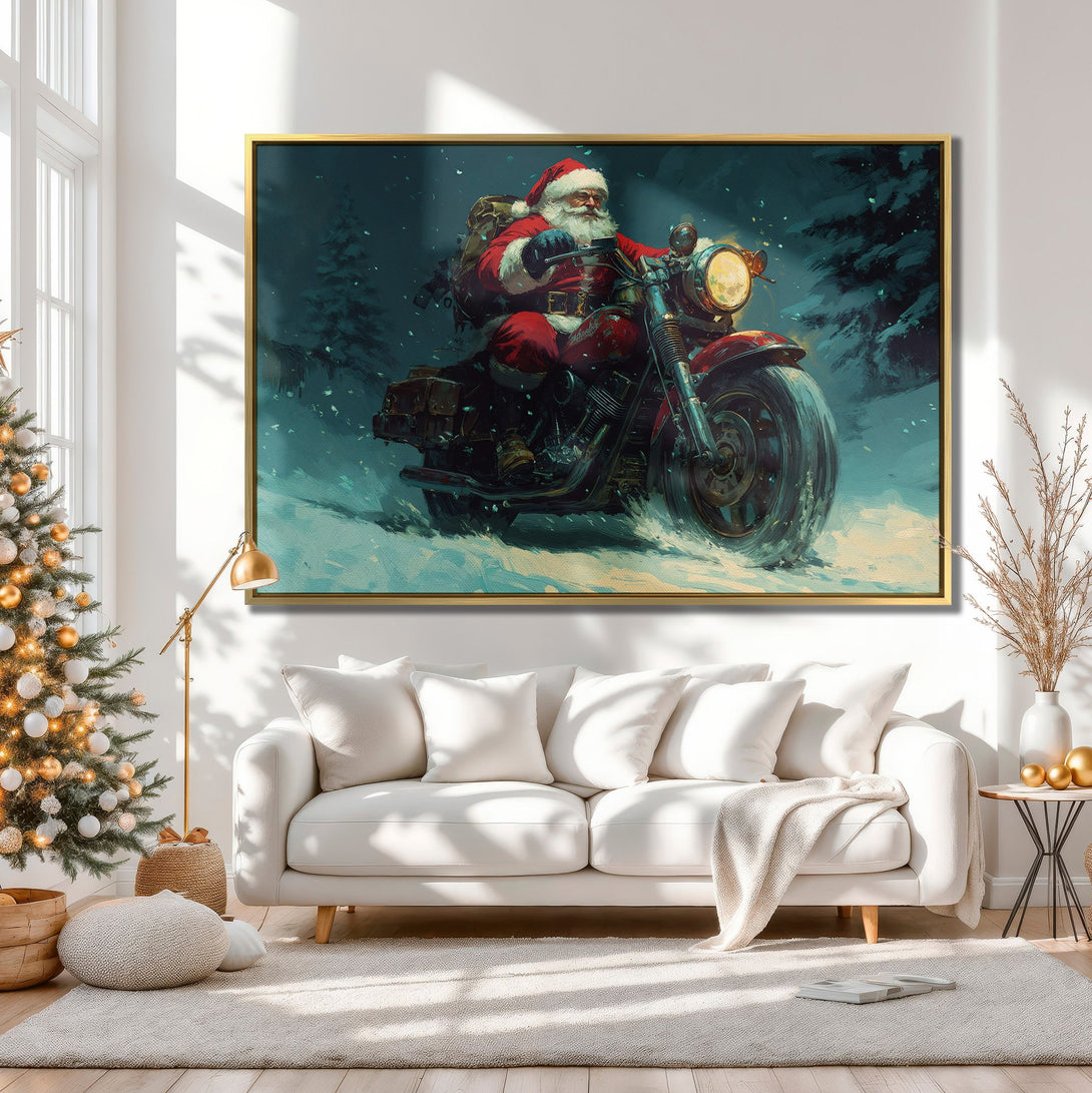 Canvas Print: Santa Claus on a motorcycle in a snowy scene. Festive wall art with a red, blue, and white color palette. Perfect Christmas decor!