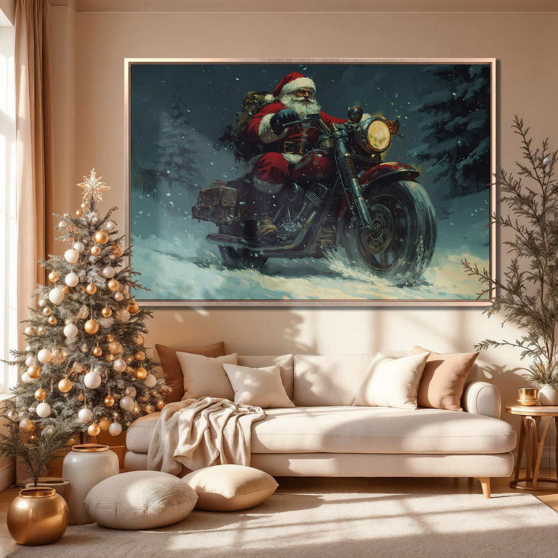 Framed Wall Art: Santa on a motorcycle canvas print in a cozy room. Features a wintery scene with a red, blue, and neutral color palette. Perfect Christmas decor!