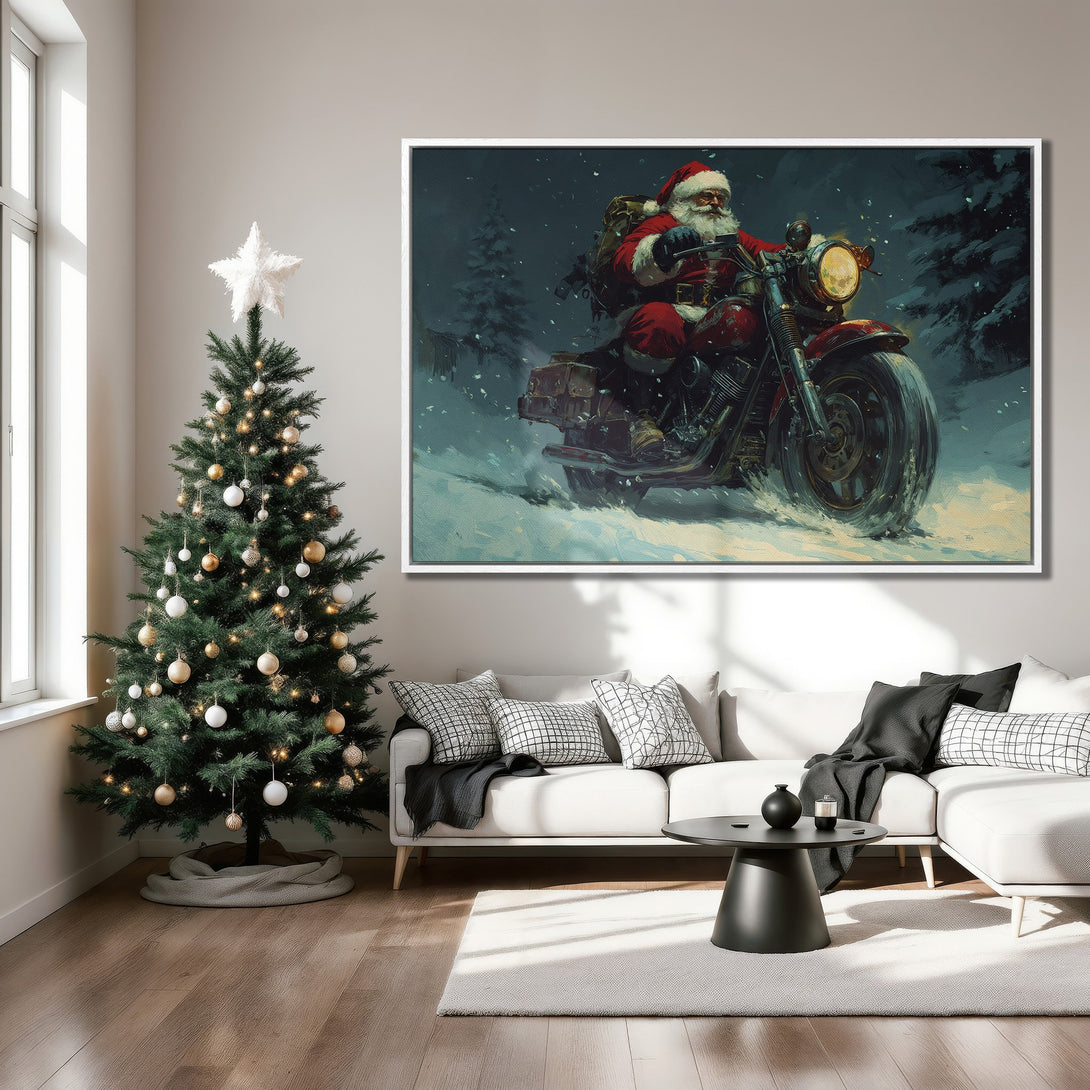 Framed Wall Art: Santa Claus on a motorcycle in a snowy scene. Dramatic artwork with a red, black, and teal color palette. Perfect Christmas decor!