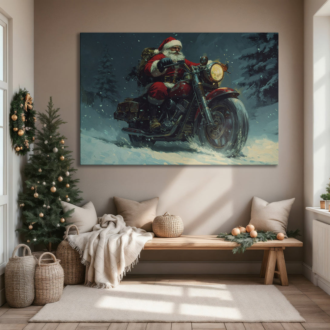 Framed Wall Art: Santa on a motorcycle in a winter scene. Artistic style with a red, blue, and white color palette. Perfect holiday decor!