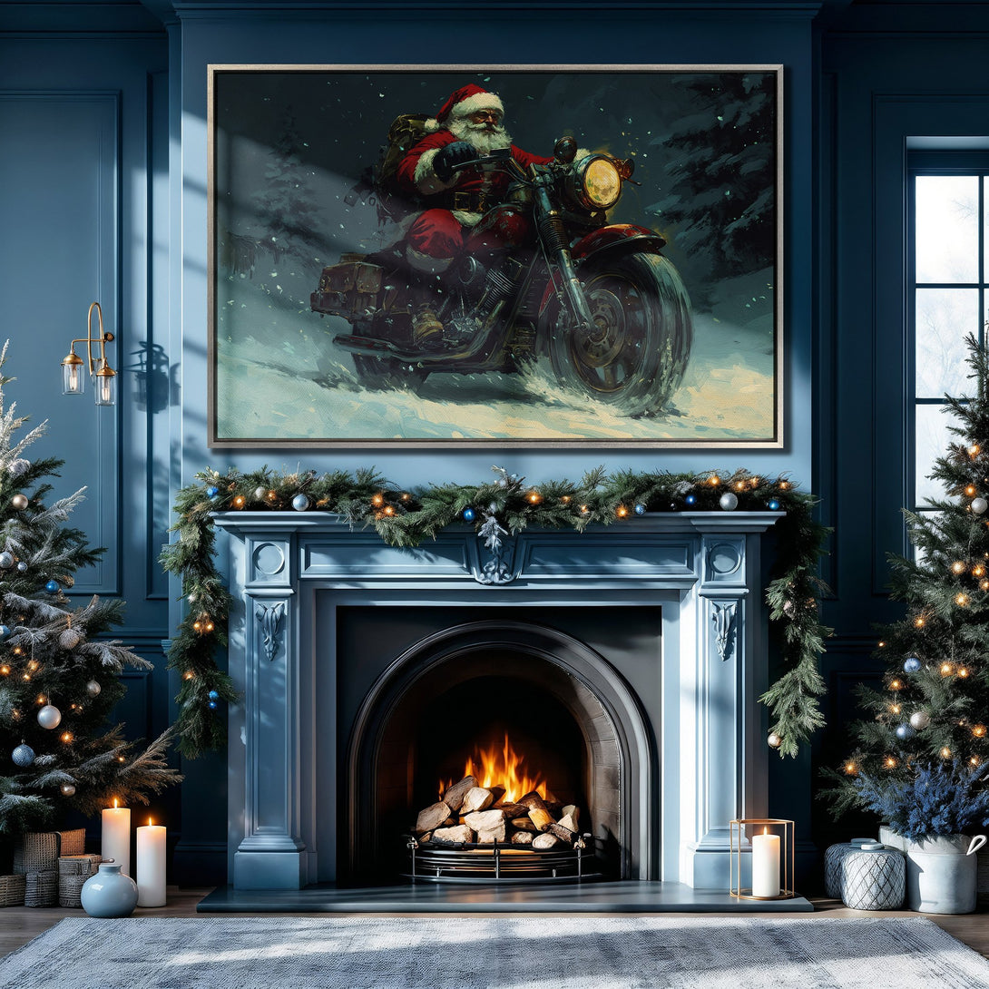 Framed Wall Art: Santa Claus on a motorcycle in a snowy scene. Festive artwork with a blue and red color palette, perfect for Christmas decor.