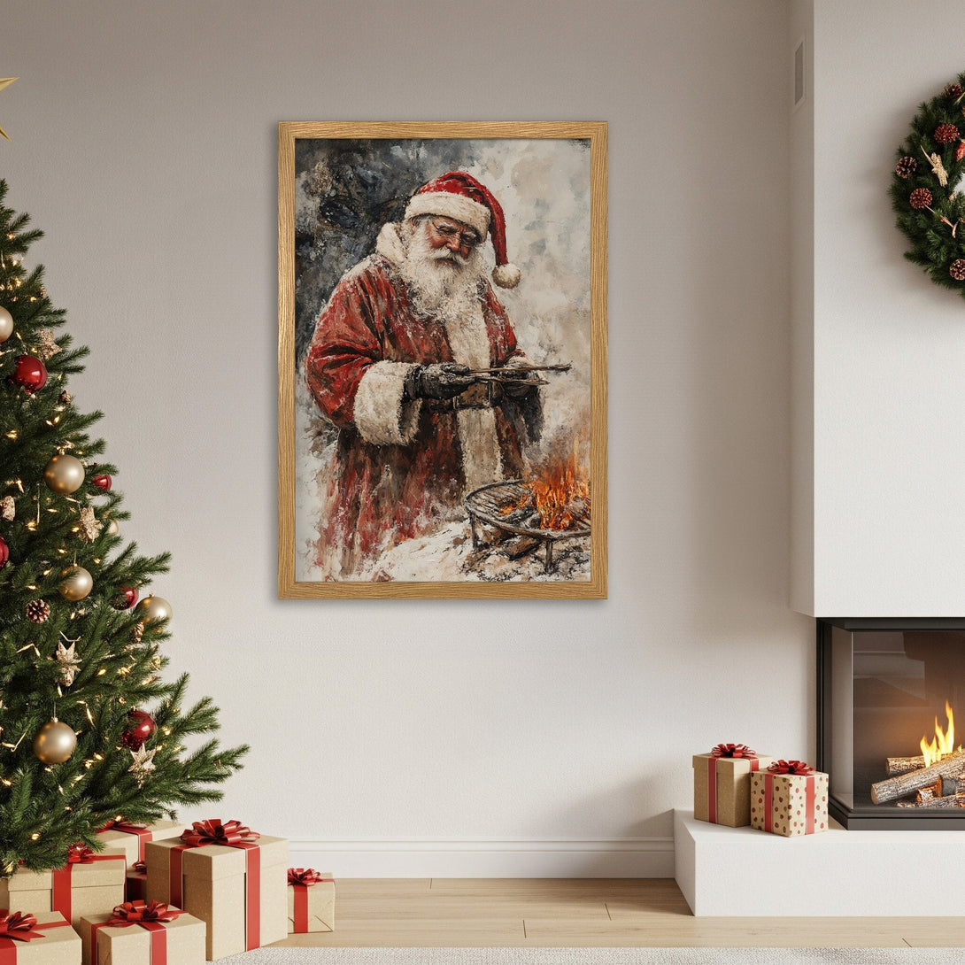 Framed Poster featuring Santa Claus grilling, warm red and neutral tones. Perfect Christmas decor!