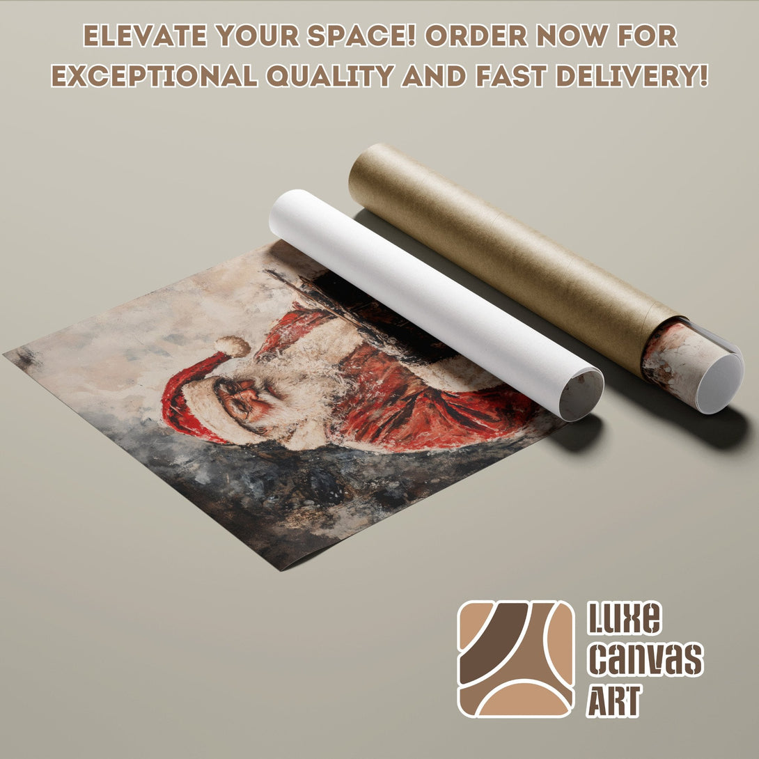 Santa Claus Poster Roll, vintage style, warm red and brown palette. Elevate your space!