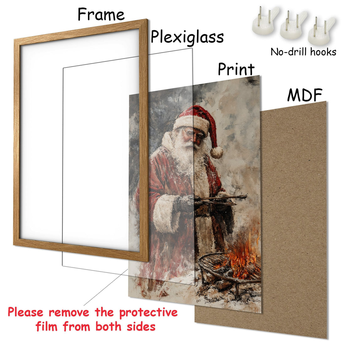 Framed Poster of Santa Claus, artistic style, warm red and brown tones, perfect holiday decor!