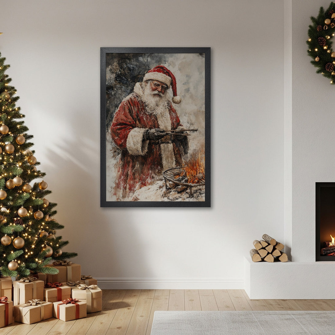 Framed Poster: Santa Claus grilling, impressionist style, red & white palette, perfect Christmas decor.