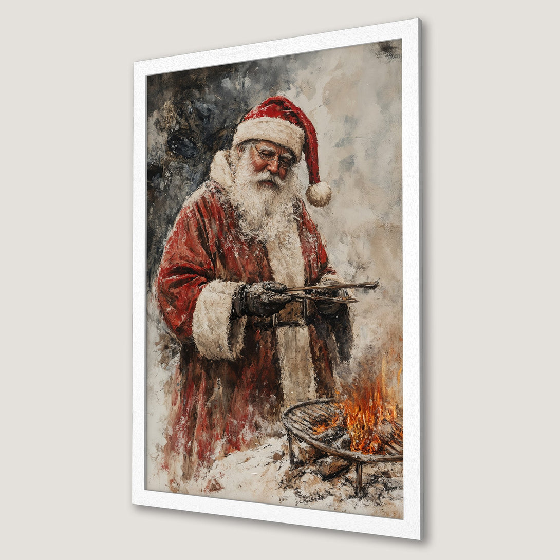 Framed Poster of Santa grilling, painterly style, red and neutral color palette. Festive Christmas decor!