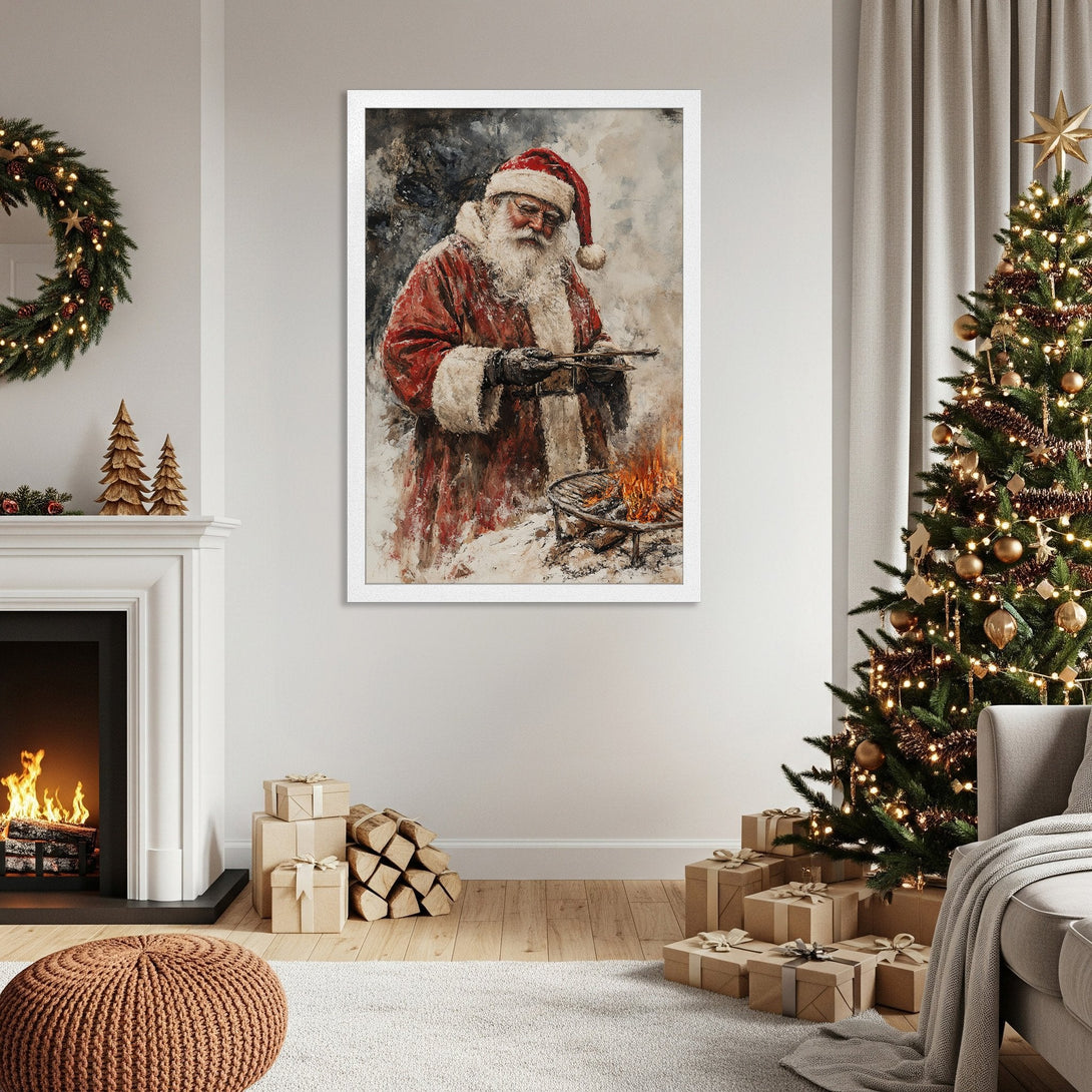 Framed Poster featuring Santa Claus in a watercolor style with a red and white palette, perfect for Christmas decor.