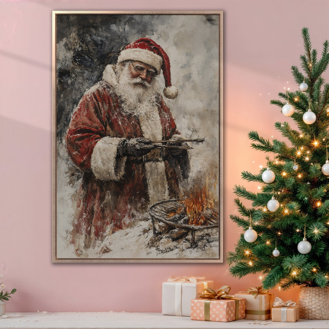 Framed Wall Art of Santa grilling with a red and white color palette. Rustic style canvas print perfect for Christmas decor.