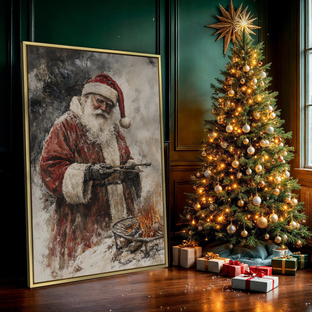 Canvas Print of Santa grilling, painterly style with red and neutral tones, perfect for holiday decor.