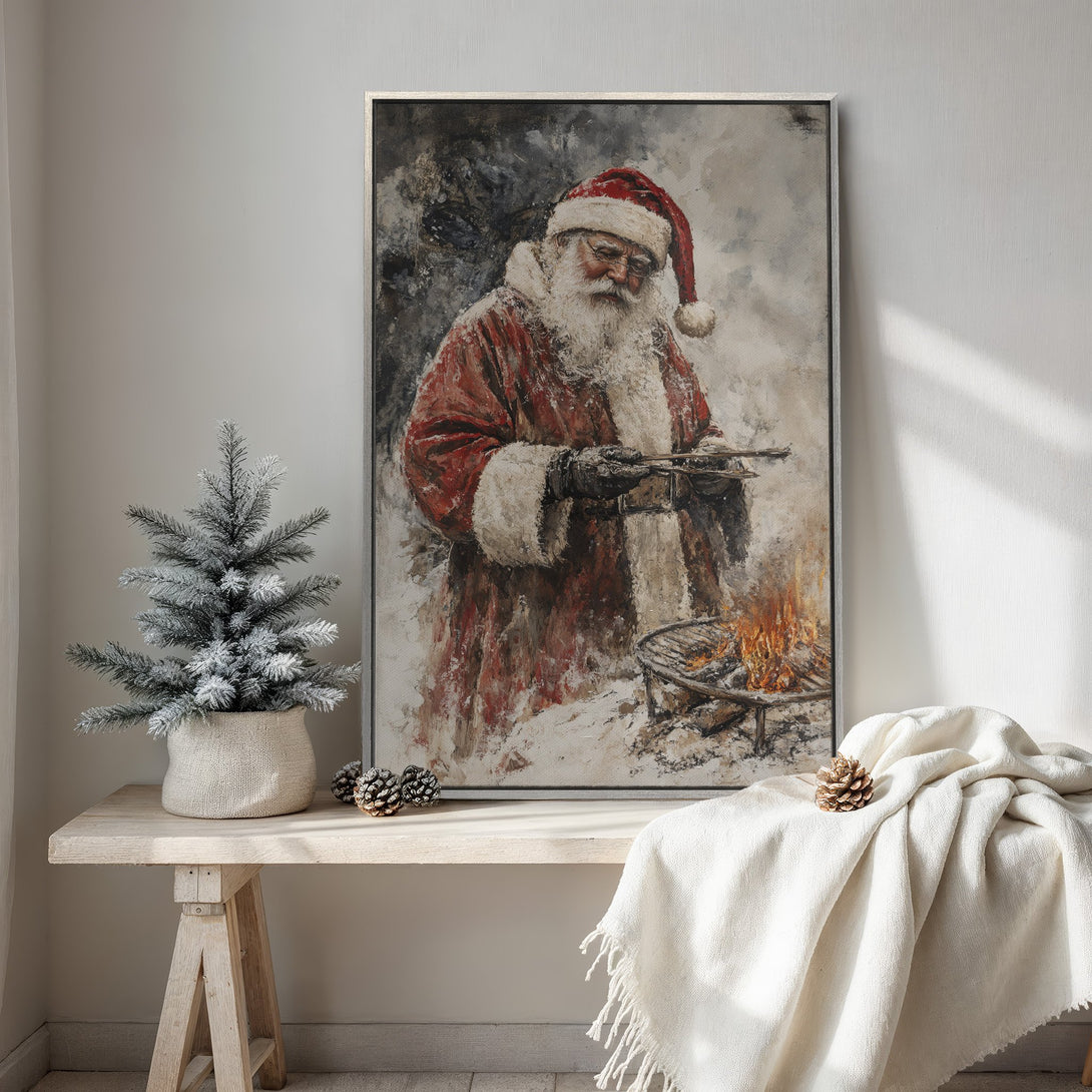 Framed Wall Art featuring Santa Claus grilling, in a painterly style with red, white, and gray tones. Perfect Christmas decor for a cozy interior.