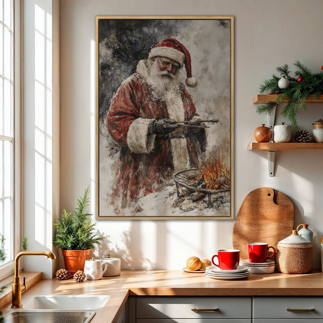 Framed Wall Art: Santa grilling, impressionist style, red and neutral color palette. Perfect Christmas decor for your kitchen or dining room.