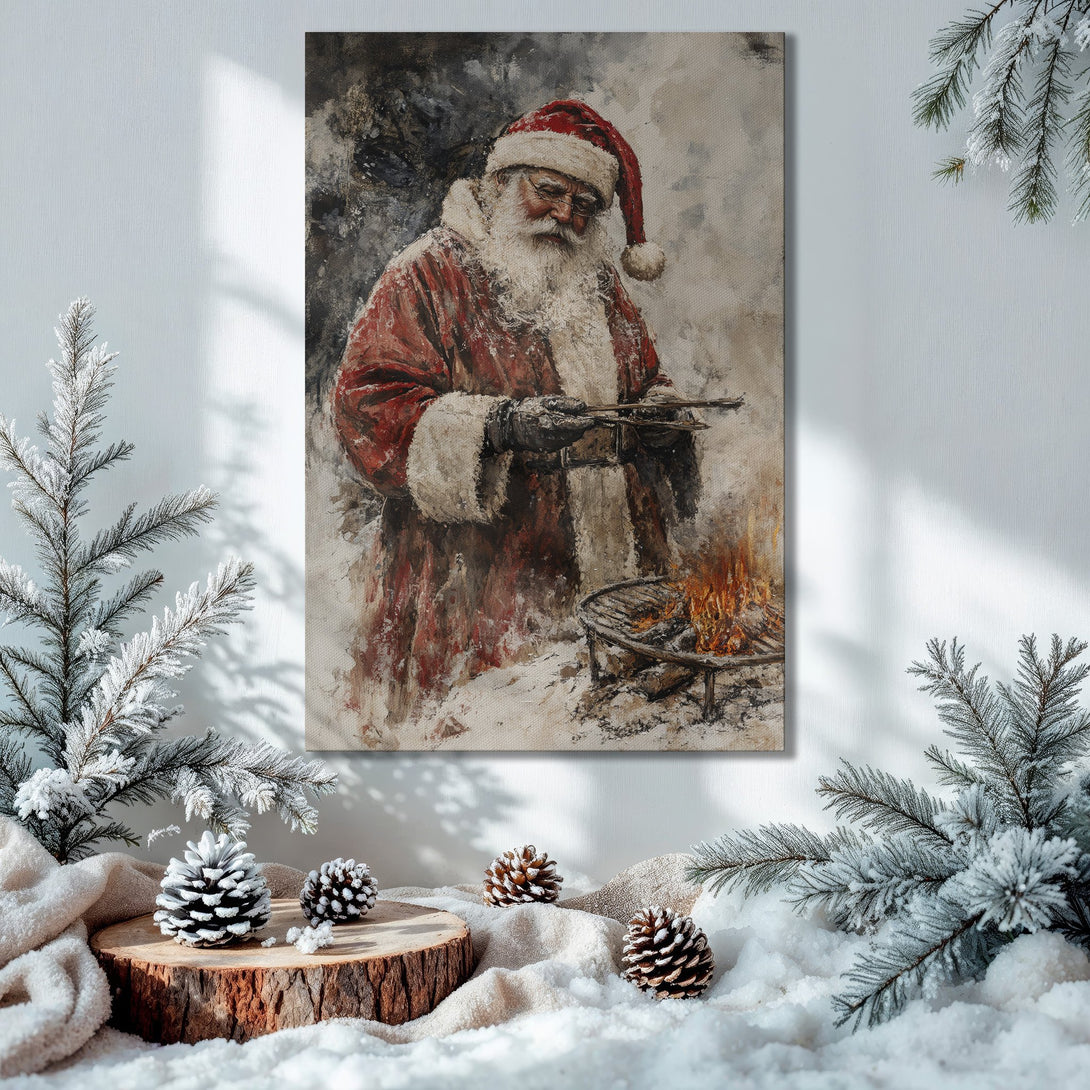 Framed Wall Art of Santa grilling, rustic style, warm red & gold tones. Perfect Christmas decor! Shop Canvas Prints for your home.