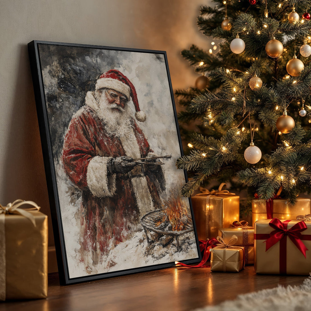 Framed Wall Art: Santa grilling, impressionist style, warm red & gold palette. Perfect Christmas decor! Shop our festive canvas prints today!