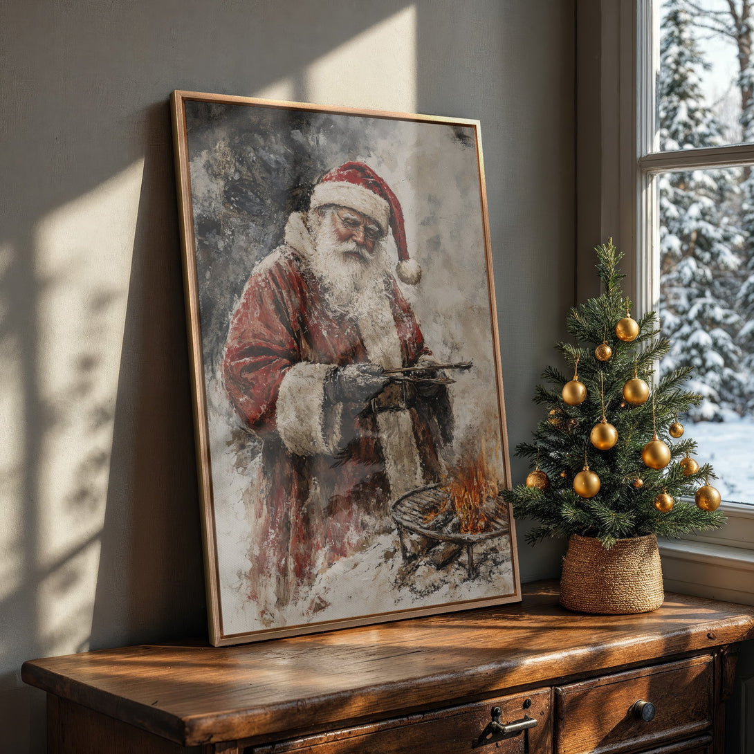 Framed Wall Art: Santa grilling, impressionistic style. Red, white, and gray palette. Festive Christmas decor for your home.