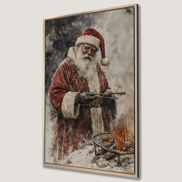 Framed Wall Art: Santa grilling over a fire, impressionistic style with red, white, and grey tones. Perfect Christmas decor for your home.