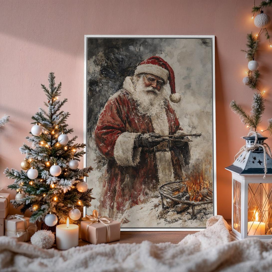 Framed Wall Art: Santa grilling, vintage style, warm red and gray palette. Festive Christmas decor. Perfect holiday gift idea!