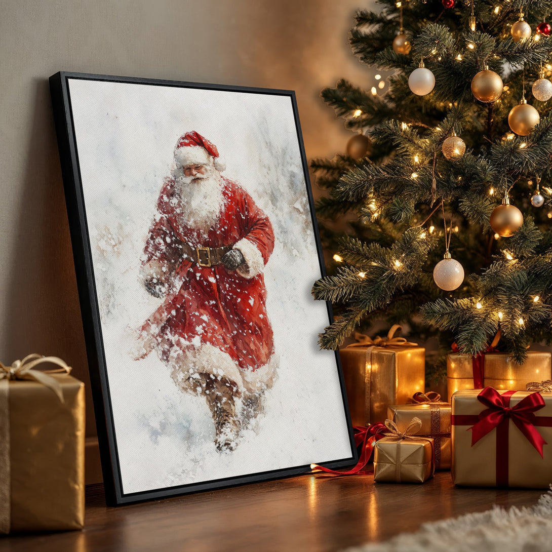 Framed Wall Art: Watercolor Santa Claus print in a festive interior. Warm red and gold color palette, perfect Christmas decor.
