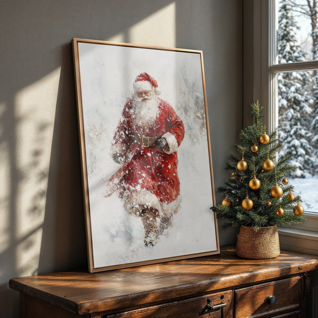 Framed Wall Art: Watercolor Santa Claus in red coat. Festive Christmas decor with a warm, inviting color palette. Perfect holiday gift idea!