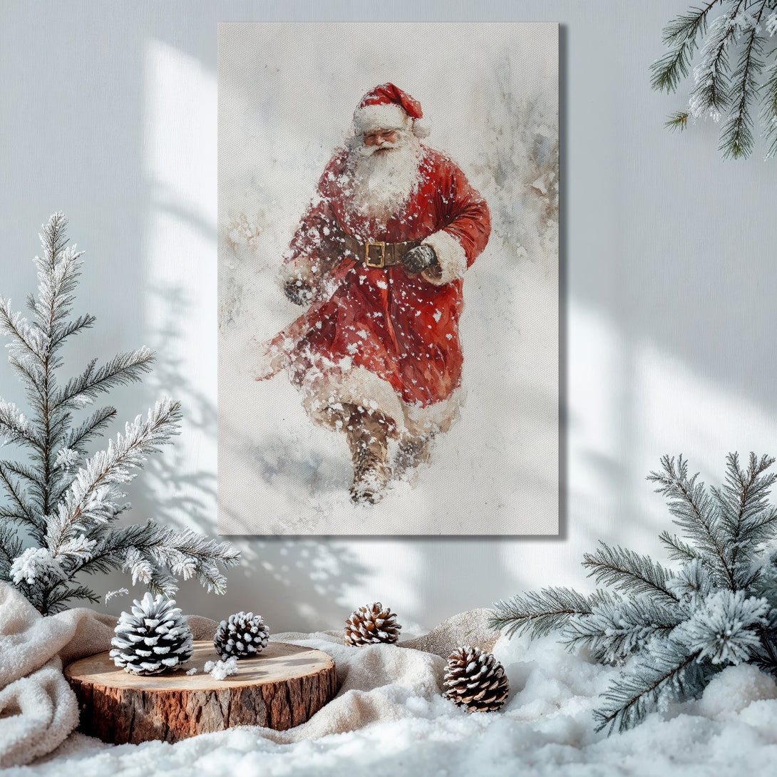Framed Wall Art: Watercolor Santa Claus in a snowy scene. Festive holiday decor with red, white, and gold color palette. Perfect Christmas gift!