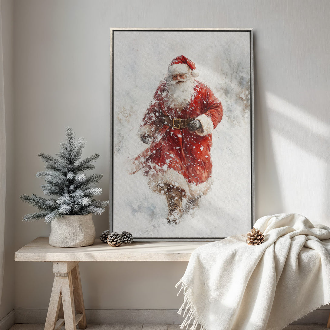 Framed Wall Art featuring Santa Claus in a watercolor style, with a red and white color palette. Perfect for Christmas decor!