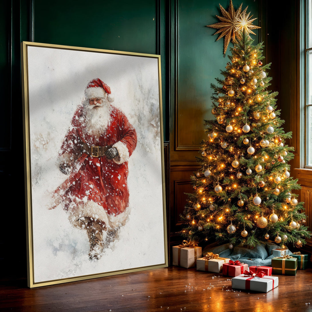 Canvas Print featuring Santa Claus in a watercolor style, vibrant red coat against a snowy backdrop. Perfect Christmas decor!