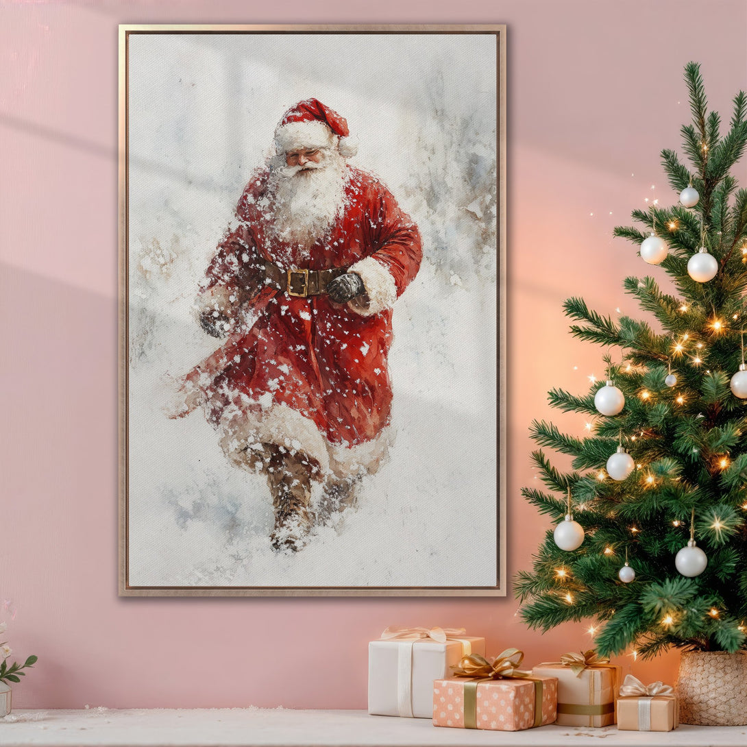 Framed Wall Art: Watercolor Santa Claus in red coat. Festive Christmas decor with warm color palette. Perfect holiday gift!