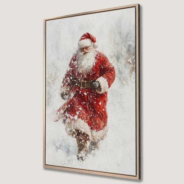 Framed Wall Art Canvas Print featuring Santa Claus in a watercolor style, with a festive red and white color palette. Perfect Christmas decor!