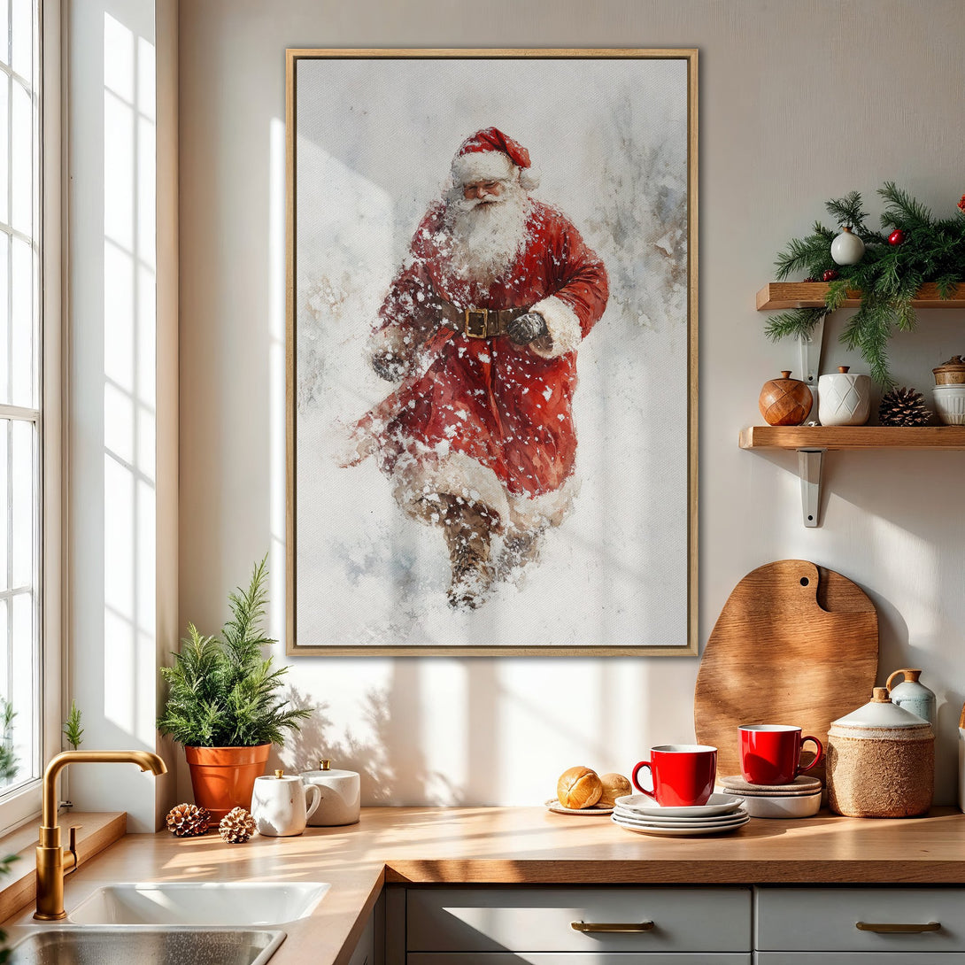 Framed Wall Art: Watercolor painting of Santa Claus in a snowy scene. Red and white color palette, perfect for Christmas decor. Add festive cheer to your home!