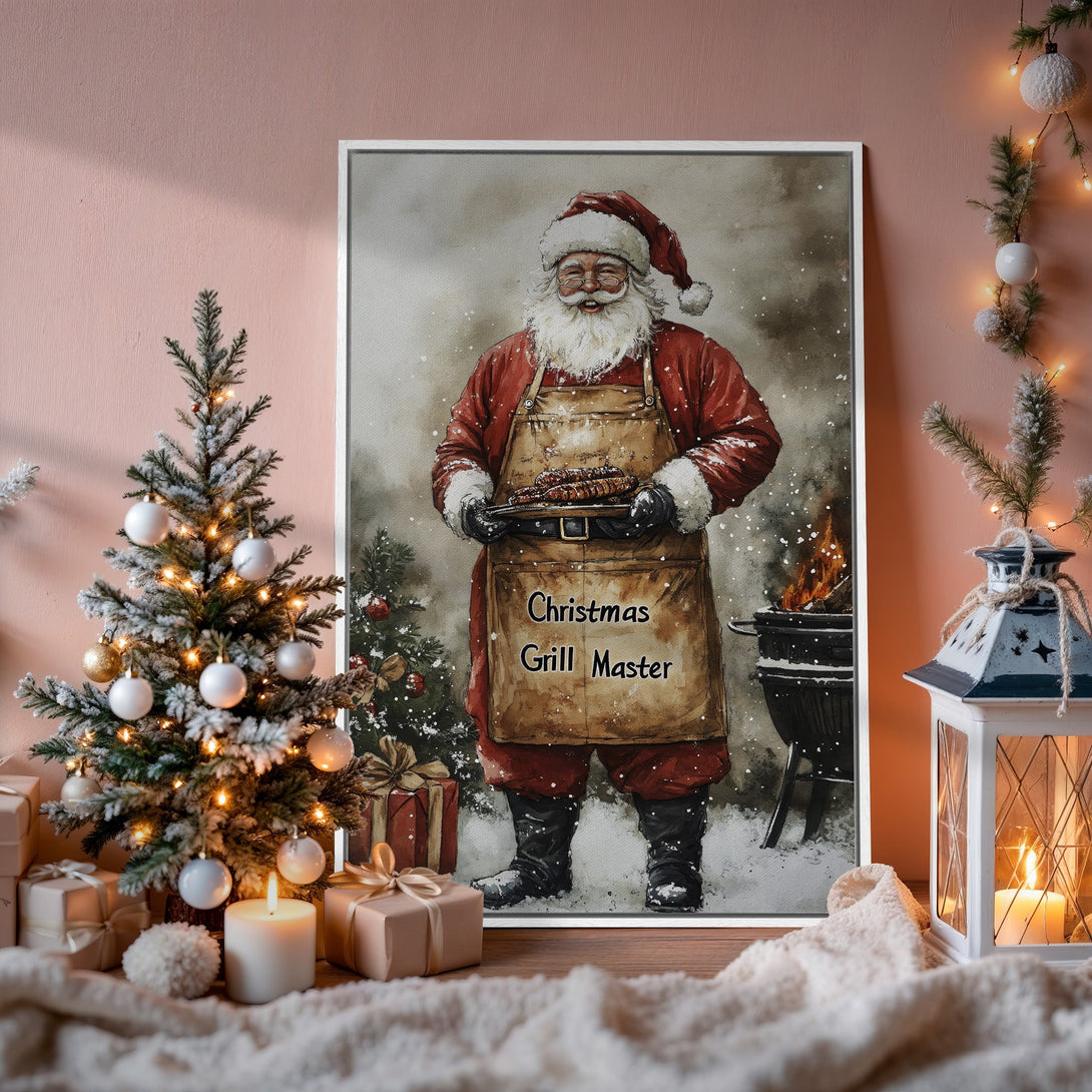 Framed Wall Art: Santa grilling. Watercolor style print in red, brown, and white. Festive Christmas decor for your home.