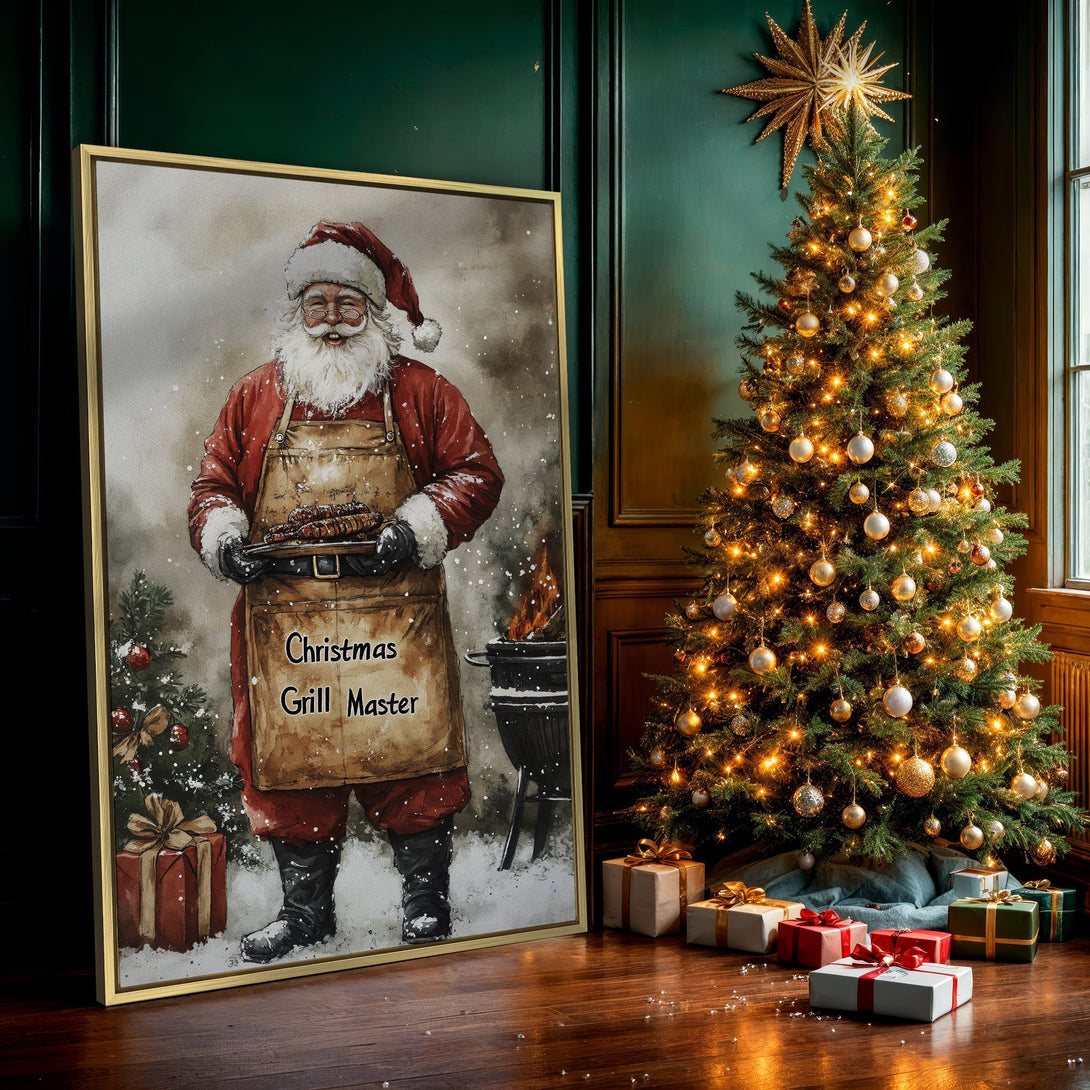 Canvas Print of Santa grilling, watercolor style, red & tan color palette, perfect for Christmas decor.
