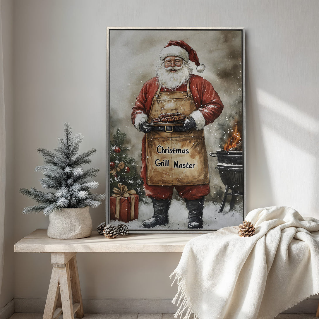 Framed Wall Art: Santa grilling on a watercolor-style Canvas Print. Festive red and brown palette perfect for Christmas decor. Bring holiday cheer!