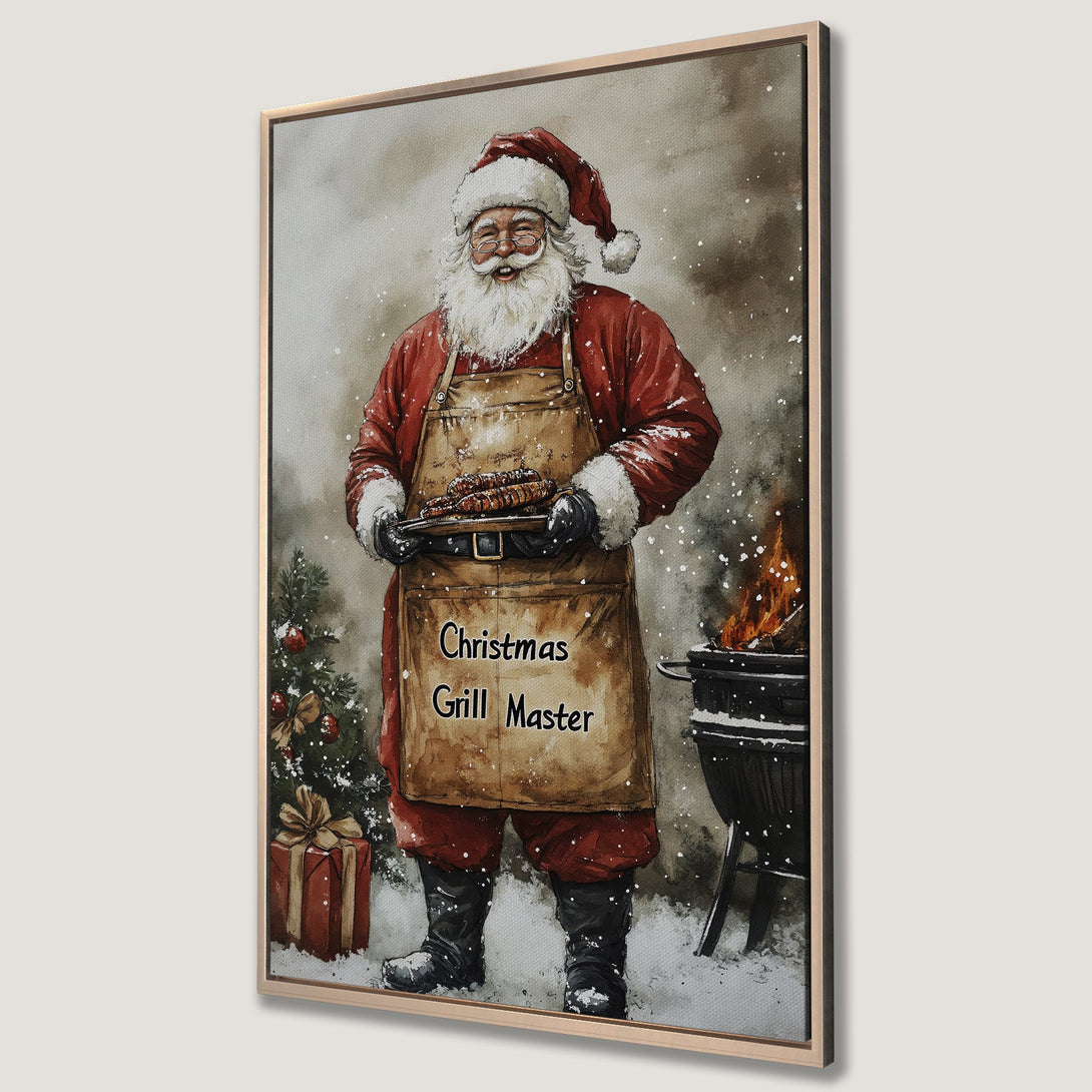 Framed Wall Art: Santa grilling! Watercolor style canvas print in red, brown, and snowy white. Perfect Christmas decor for your kitchen or dining room.