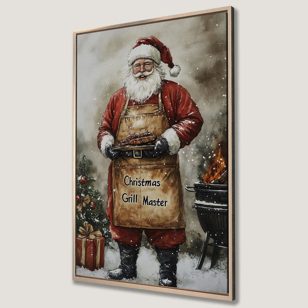Framed Wall Art: Santa grilling! Watercolor style canvas print in red, brown, and snowy white. Perfect Christmas decor for your kitchen or dining room.