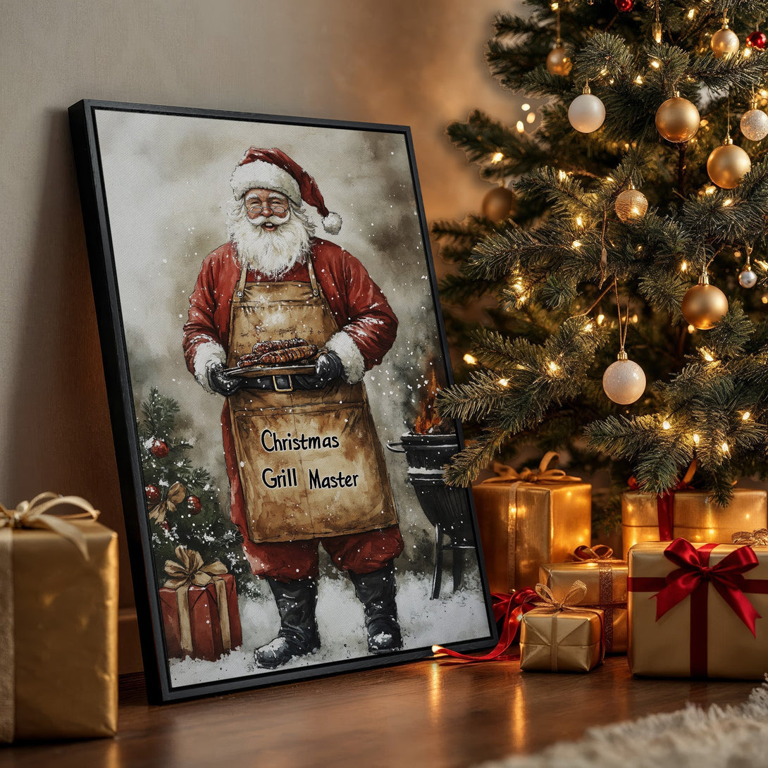 Framed Wall Art: Santa Claus "Christmas Grill Master" watercolor print in a cozy Christmas scene. Warm red, gold, and brown color palette. Perfect holiday decor!