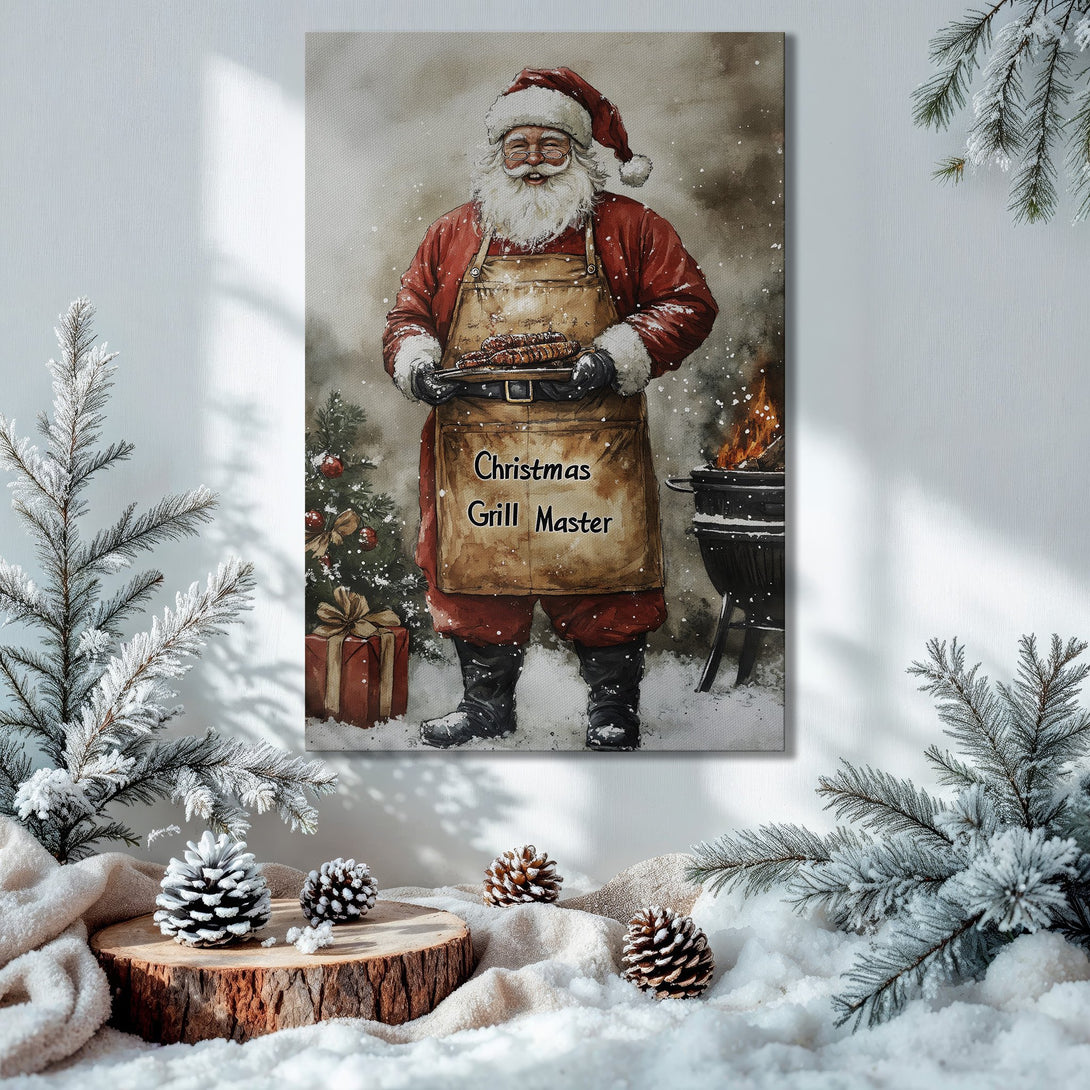 Canvas Print: Watercolor Santa grilling, festive Christmas decor with warm red, gold, and green tones. Perfect holiday wall art for your home.